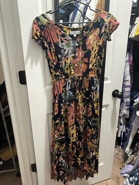 New Directions Black Midi Dress with Pink, Green & Yellow Floral Print